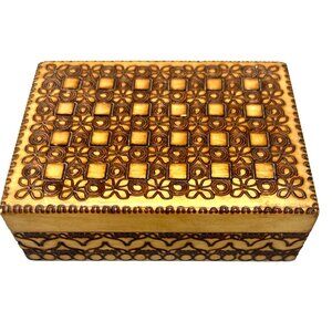 Polish Wooden Trinket Box Intricate Hand-Carved Floral Patterns Poland 4.75x3.5"